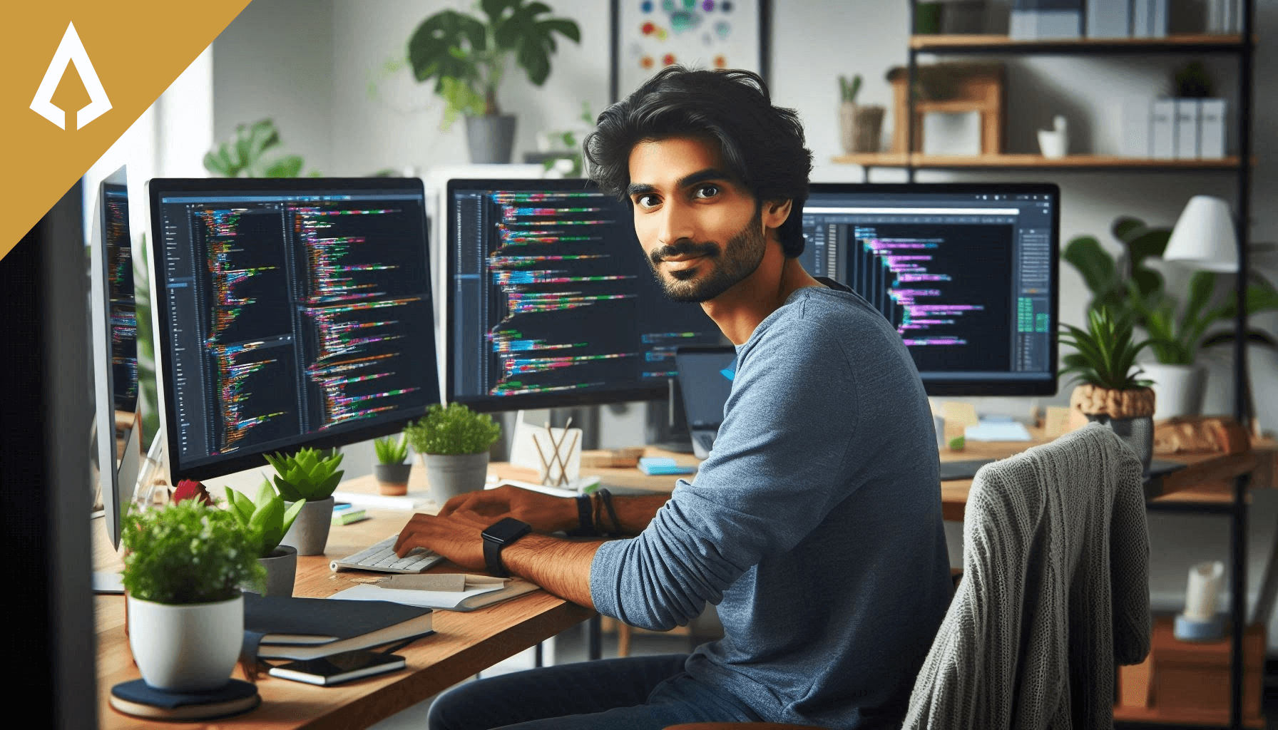 A web developer working at his office desk doing web development
