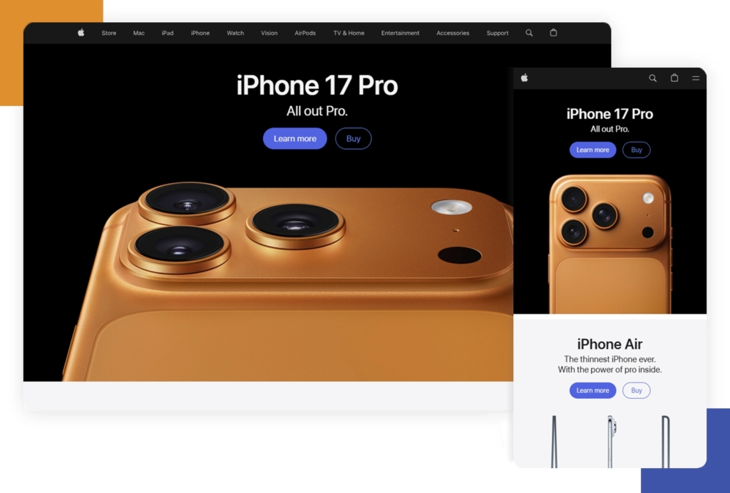Apple's website demonstrating web responsiveness on mobile and desktop.