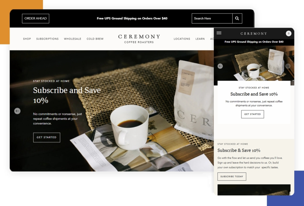 Ceremony Coffee’s website demonstrating web responsiveness on mobile and desktop.