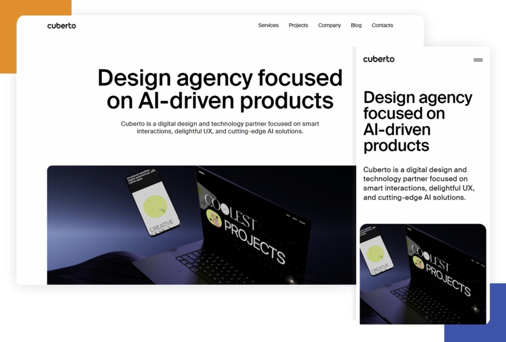 Cuberto's website demonstrating web responsiveness on mobile and desktop.