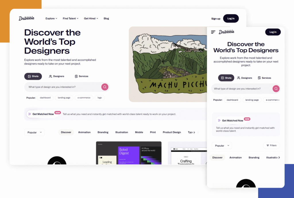 Dribble's website demonstrating web responsiveness on mobile and desktop.