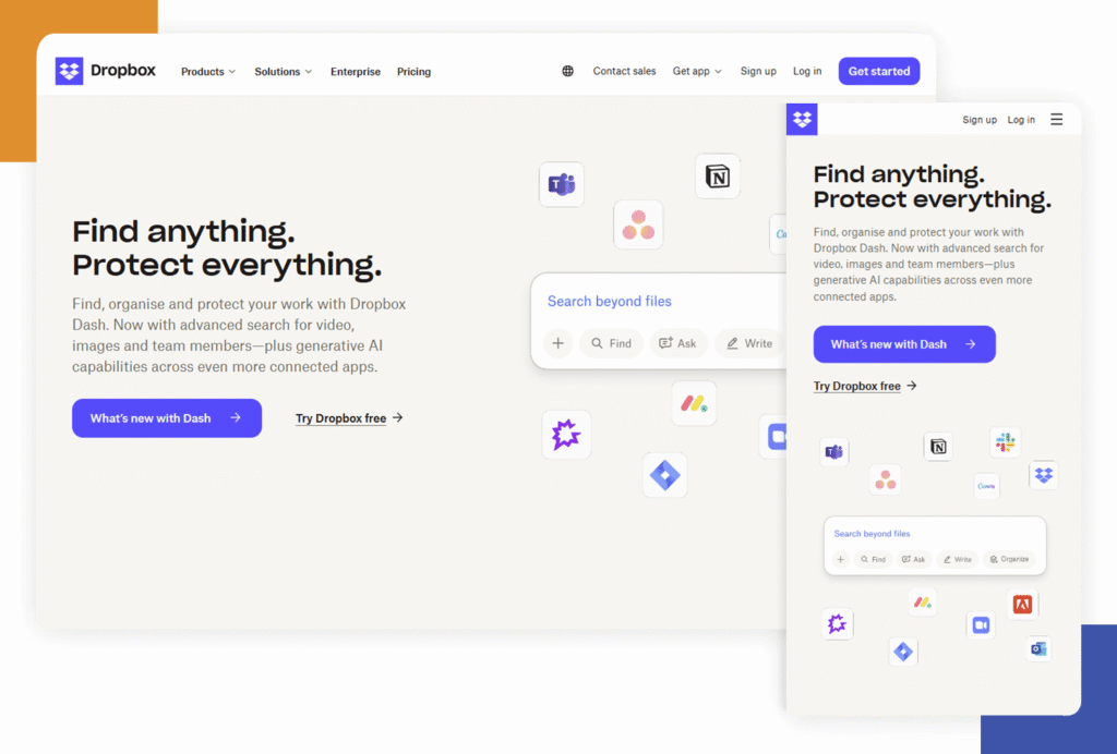 Dropbox's website demonstrating web responsiveness on mobile and desktop.