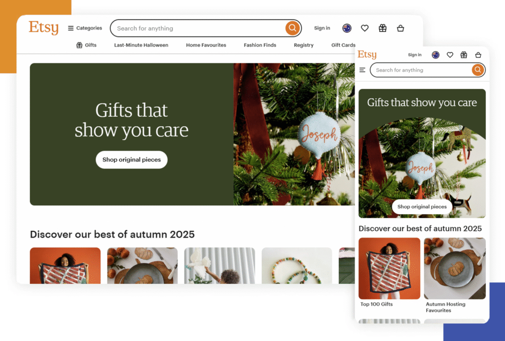 Etsy's website demonstrating web responsiveness on mobile and desktop.
