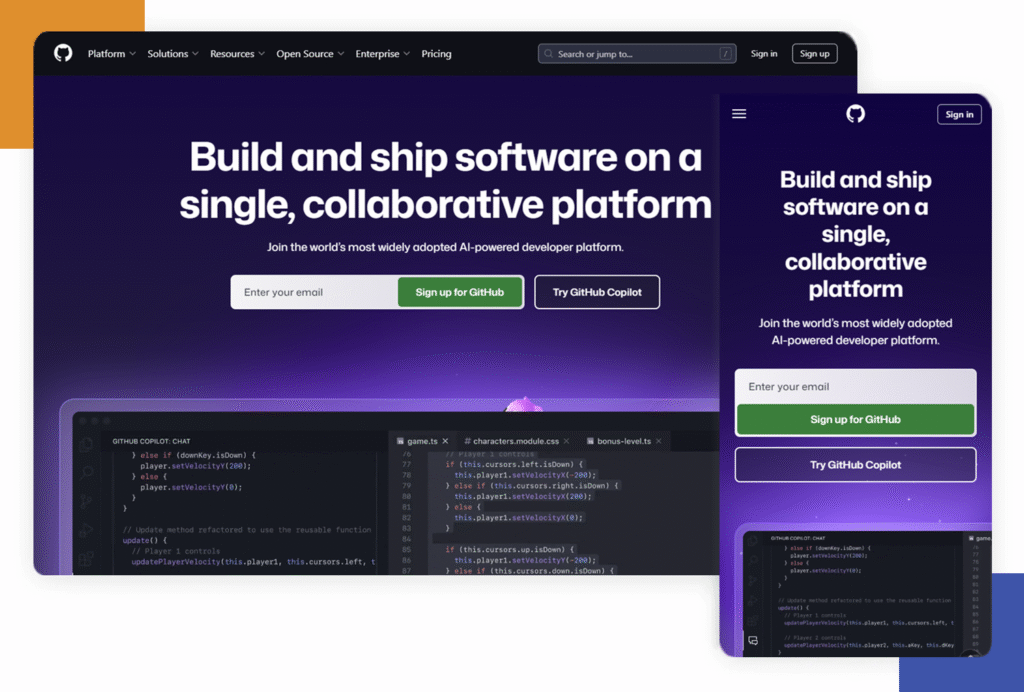 GitHub's website demonstrating web responsiveness on mobile and desktop.