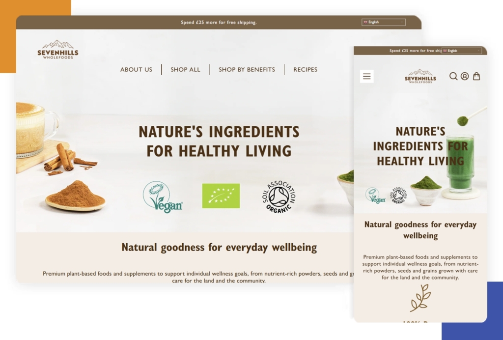 Seven Hills Wholefoods’ website demonstrating web responsiveness on mobile and desktop.