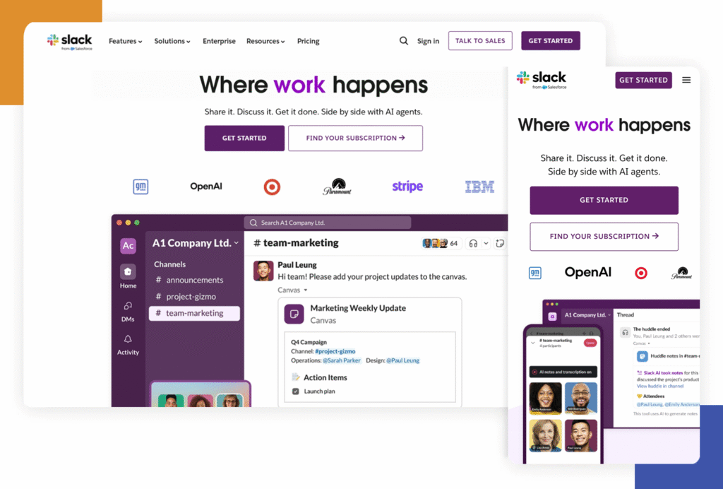 Slack's website demonstrating web responsiveness on mobile and desktop.