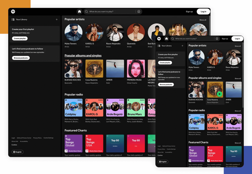 Spotify's website demonstrating web responsiveness on mobile and desktop.