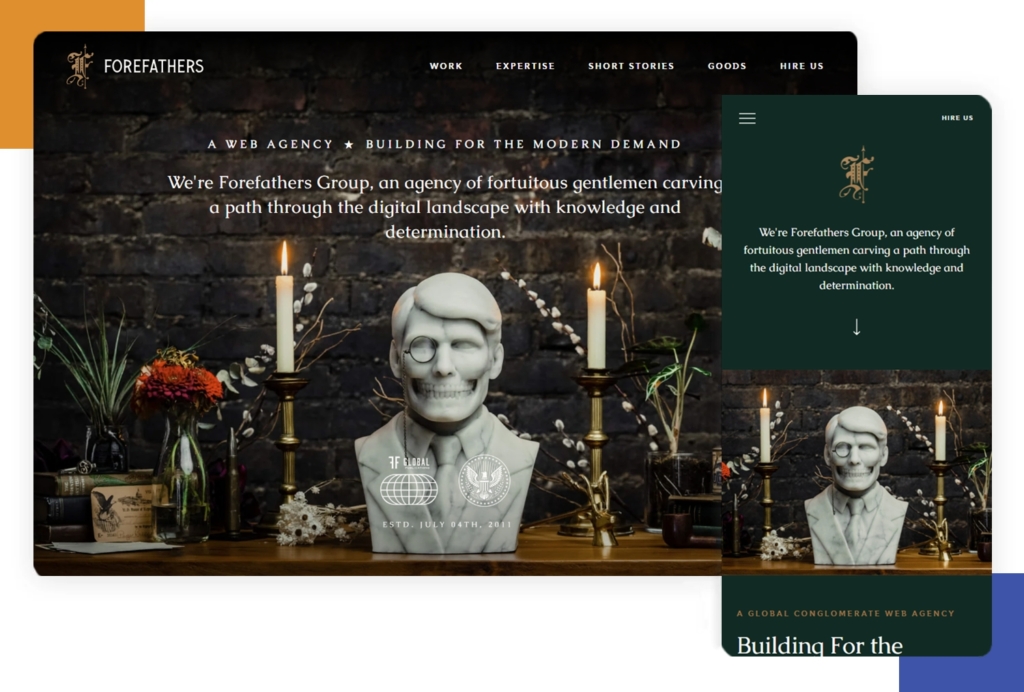 The Forefathers Group's website demonstrating web responsiveness on mobile and desktop.