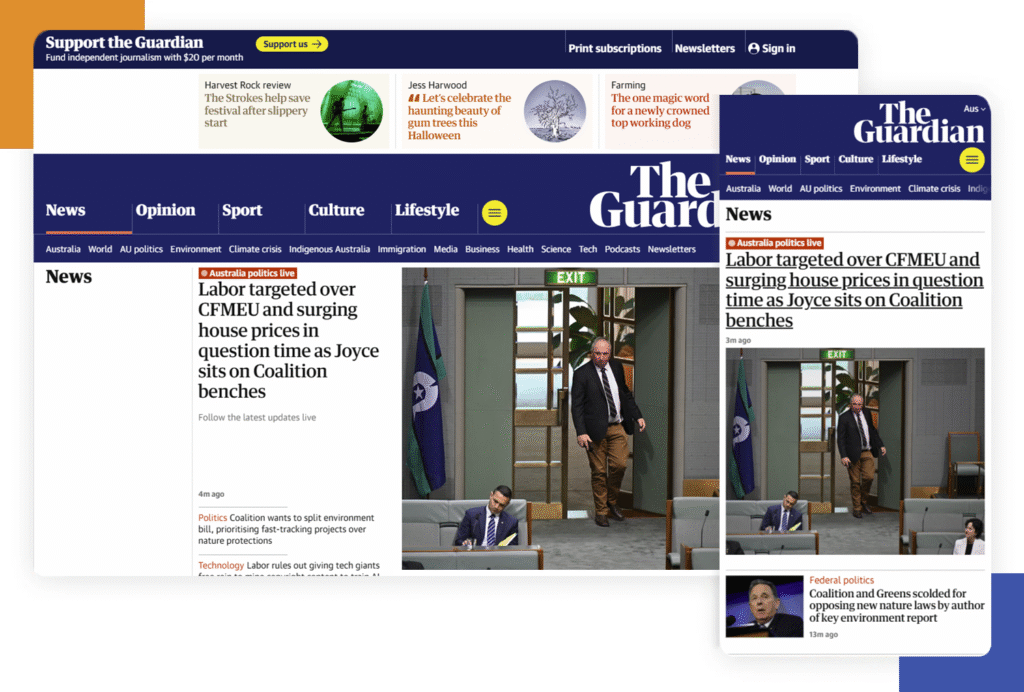 The Guardian's website demonstrating web responsiveness on mobile and desktop.