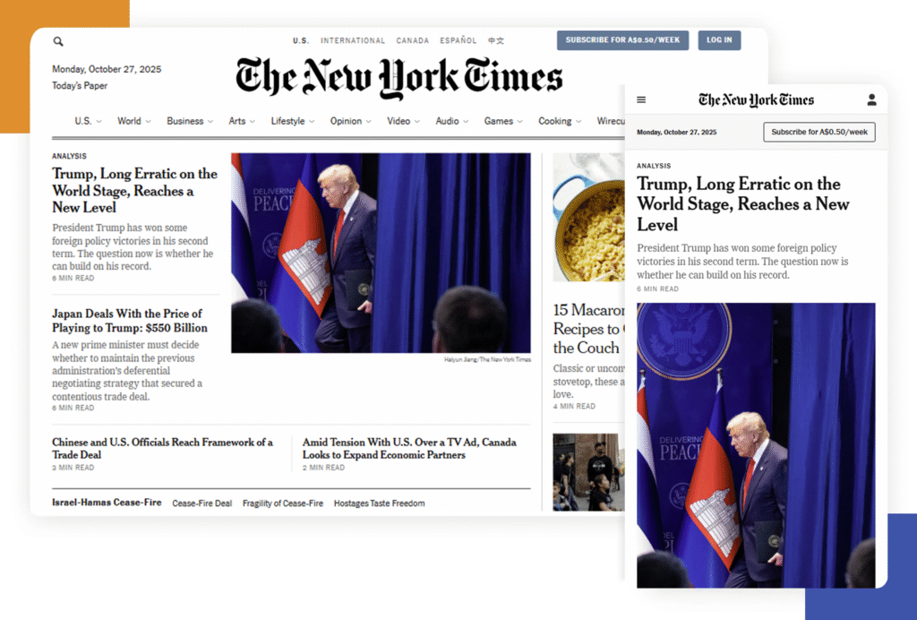The New York Time's website demonstrating web responsiveness on mobile and desktop.