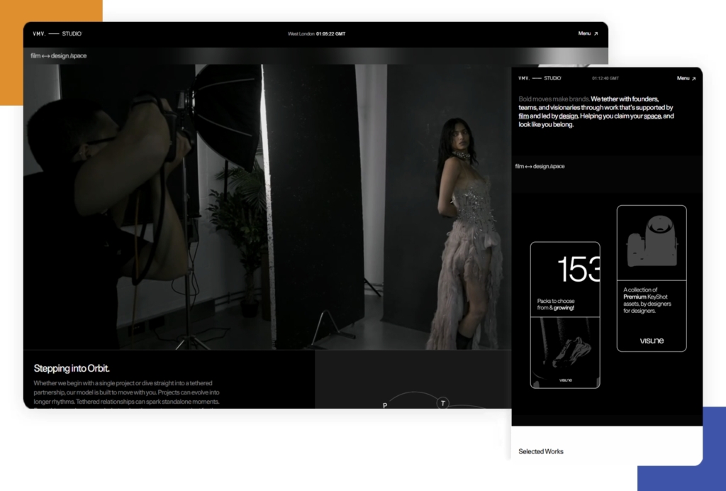 VMV Studios website demonstrating web responsiveness on mobile and desktop.